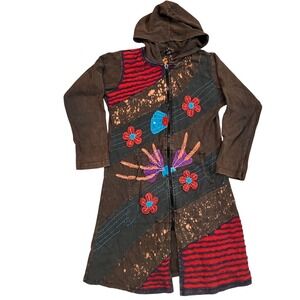 Rising International Patchwork Longline Hoodie Jacket Women M Brown Boho Artsy